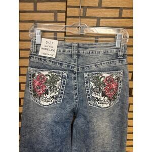 Telepatia Mid Rise Wide Leg Skull Blingy Pocket Jeans SIze 5/27